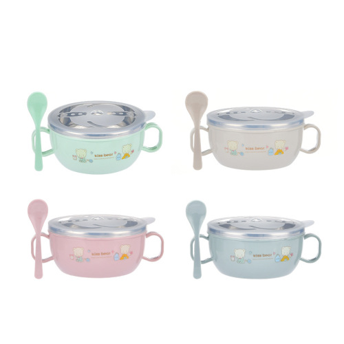 Factory in Stock Handle Strap Lid Baby Stainless Steel Children‘s Bowl Cartoon Heat Insulation Insulated Bowl with Spoon