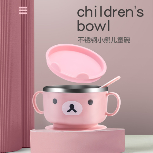 Cartoon Stainless Steel Tableware Children‘s Tableware Double Ear Bowl Cute Dinnerware Drop-Resistant Insulation Baby Feeding Tableware Bowl
