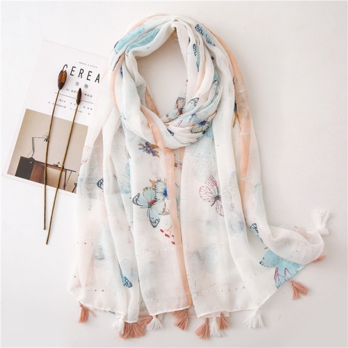 Export Foreign Trade Single Spring， Summer and Autumn New Butterfly Sequined Printed Cotton and Linen Air Conditioning Sunscreen Shawl Scarf Dual-Use Female
