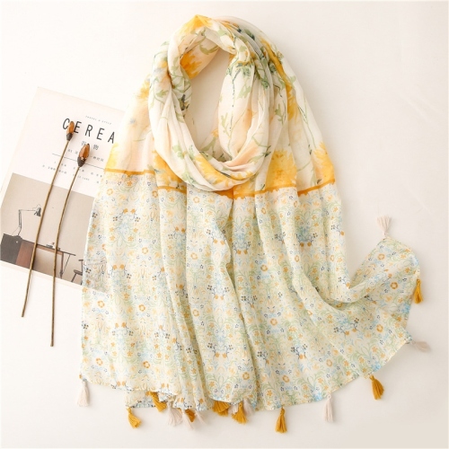 New Soft Silk Yarn Cotton and Linen Feel Scarf Fresh Yellow Flower Tassel Travel Sunscreen Shawl Scarf for Women