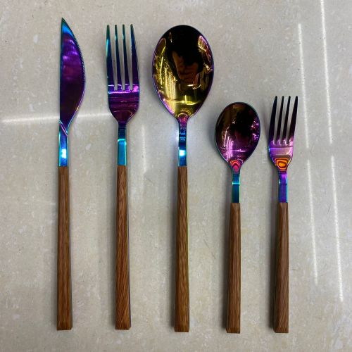 [huilin] 430 stainless steel western tableware steak knife fork spoon colorful clip wooden handle 6pc bag