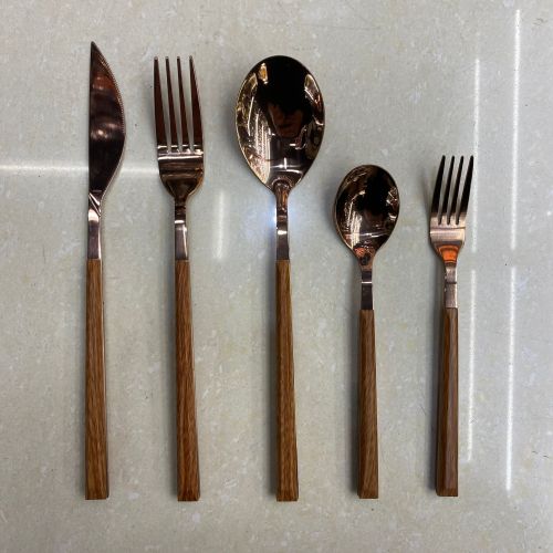 [huilin] 430 stainless steel tableware rose gold steak knife and fork spoon five-piece suit clip wooden handle korean spoon