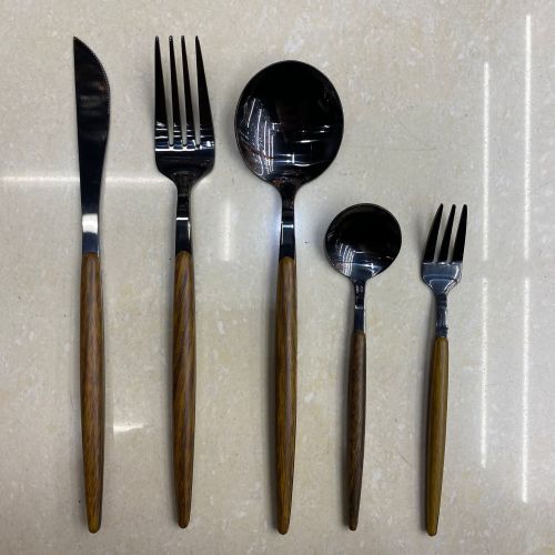 [huilin] 430 portuguese titanium black clip wooden handle western food steak knife fork spoon stainless steel tableware