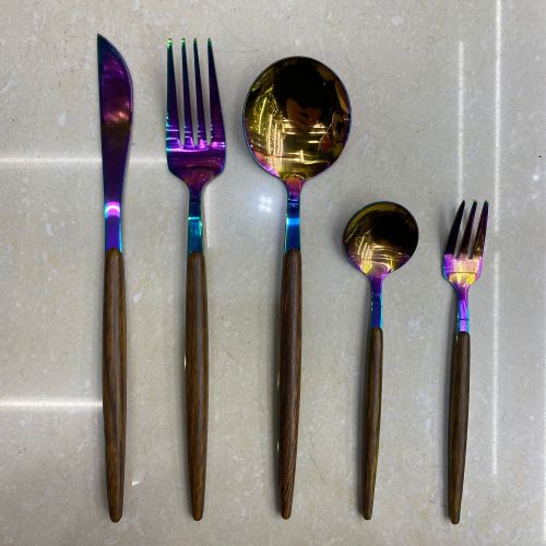 [huilin] 430 portuguese colorful clip wooden handle western food steak knife， fork and spoon stainless steel tableware