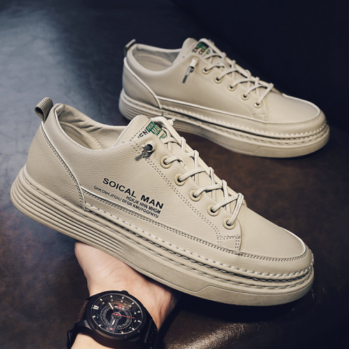 2022 Spring New White Shoes Trendy Student Men‘s Shoes Full Leather Low-Top Sneakers Real Tread Line Flat Bottom Break