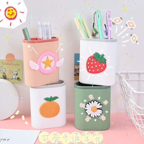 cute cartoon pen holder student stationery desktop organizer creative makeup brush storage box logo