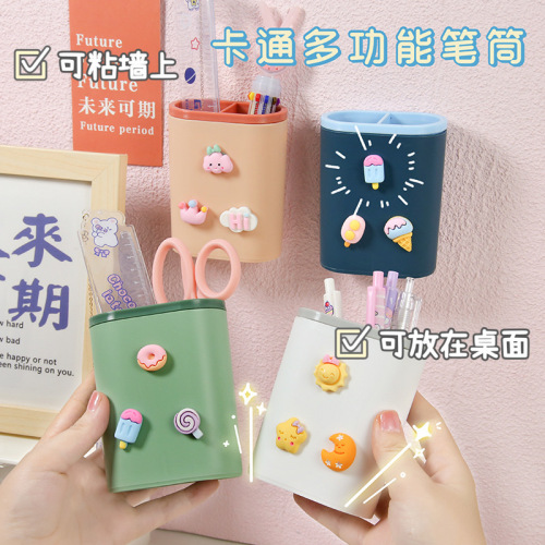 cute cartoon diy wall punch-free storage box student stationery desktop organizing pen container makeup brush storage container