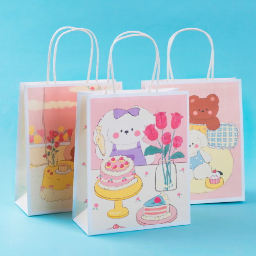 Kraft Paper Bag Handbag Ins Cute High-Looking Gift Bag Cartoon Children‘s Birthday Baking Milk Tea Packaging Bag 