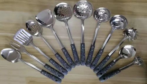 Stainless Steel Kitchenware 1.2cm Stone Pattern Clip Porridge Handle Colander spatula Flat Spatula Leaking Long Tongue Spoon Short Rice Spoon Can Be Customized 