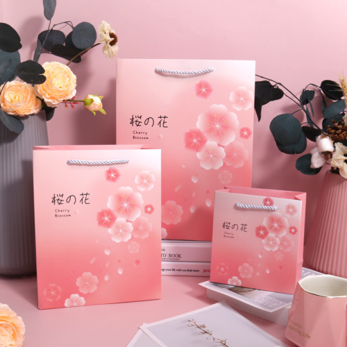 New Pink Cherry Blossom Gift Bag Creative Fresh Handbag Paper Bag Spot Cosmetics Packaging Bag Wholesale 