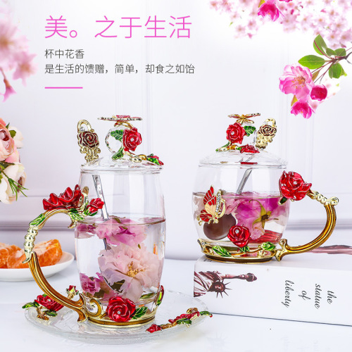 enamel water cup glass cup household luo shi flower house rose with handle set heat-resistant tea cup factory wholesale