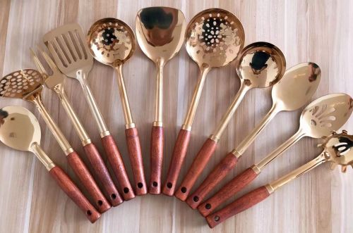 [huilin] stainless steel kitchenware 1.2cm titanium red wooden handle handle porridge colander spatula shovel long tongue spoon