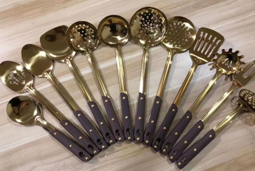 [huilin] stainless steel kitchenware 1.2cm titanium wood grain handle porridge colander spatula flat shovel long tongue leaking spoon