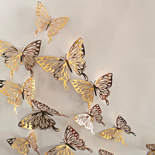 12 pcs 3d metal texture three-dimensional hollow butterfly wall stickers cross-border amazon wedding festival home decoration