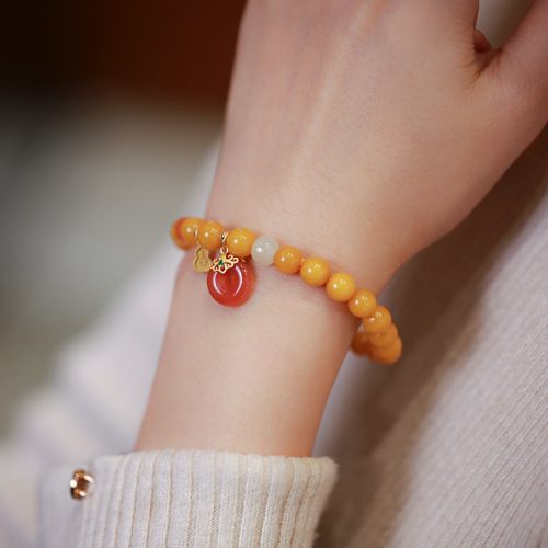 National Style 7mm Natural Beeswax Single Circle Bracelet Female Auspicious Gourd Agate Peace Buckle Accessories Hand Jewelry