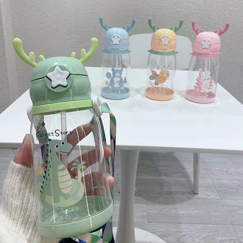New Summer Internet Celebrity Cartoon Drinking Cup Children‘s Large Capacity Antlers Plastic Cup Students Go out Cup with Straw Gifts