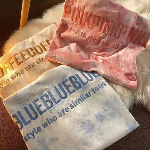 Tie-Dye Top Embroidered Letters Couple Wear Girlfriends Short Sleeve T-shirt Female 2022 Summer Loose Student Top women‘s Clothing