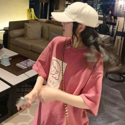 Pink Printed round Neck Short Sleeve T-shirt Women‘s Summer Wear 2022 New Korean Style Simple Loose All-Match Student Top