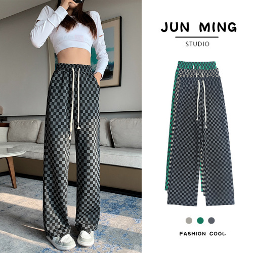 2022 New Chessboard Plaid Wide-Leg Pants for Women Spring and Summer Tide High Street Loose Straight Pants Casual Sports Wide-Leg Pants Women