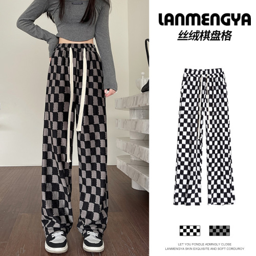 Checkerboard Plaid Wide-Leg Pants for Women Spring and Autumn 2022 New High Waist casual Mop Straight Black and White Plaid Pants 