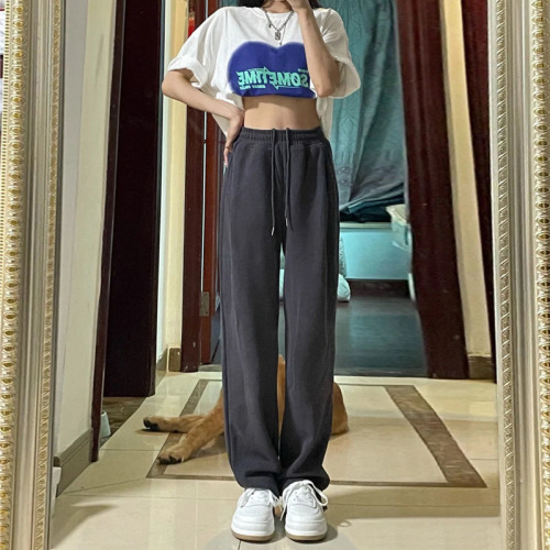 2022 spring new gray wide-leg pants women‘s loose straight casual pants ankle-tied sweatpants small sports pants women