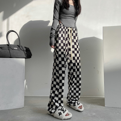 Chessboard Plaid Wide-Leg Pants for Women Spring and Autumn 2022 New High Waist Casual Mop Straight Black and White Plaid Pants