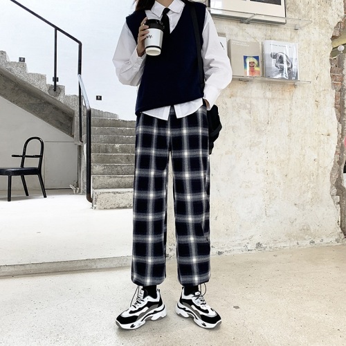 black and white plaid pants women‘s loose ankle-tied spring and autumn all-match straight drawstring casual sports pants