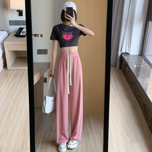 2022 new pink drawstring ice silk walking pants women‘s high waist summer thin casual wide leg pants women