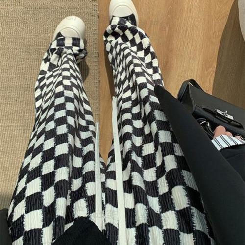 Wht Same Style Chessboard Plaid Pants for Women Spring Leisure Straight-Leg Pants Loose Black and White Plaid Drooping Wide-Leg Pants