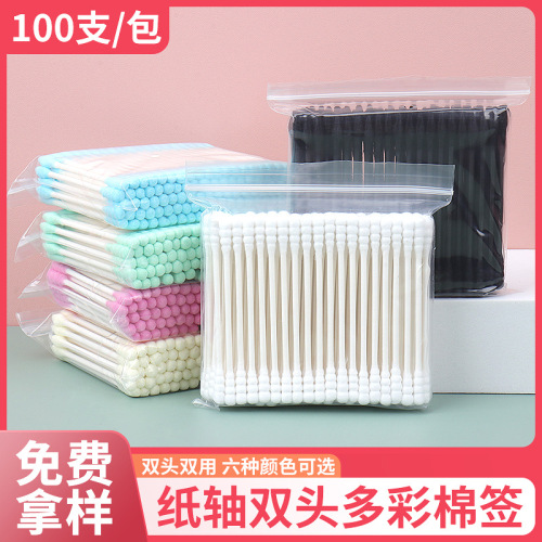 Wholesale Colorful Paper Shaft Double-Headed Cotton Swab Disposable Makeup Cleaning Cotton Swab Wooden Cotton Swab 100/Bag