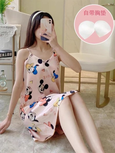 Ice Silk Nightdress Women‘s Summer Sexy Suspender Dress with Chest Pad Artificial Silk Pajamas Women‘s Dress Home Wear