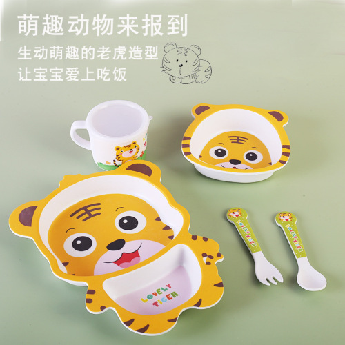 creative new bamboo fiber children‘s tableware cartoon bowl plate fork spoon cup five-piece set compartment tray gift box
