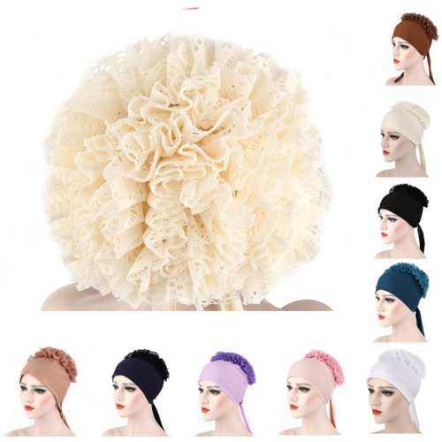 amazon new muslim big flower solid color lace lace plate flower hat indian bag head hat european and american tide