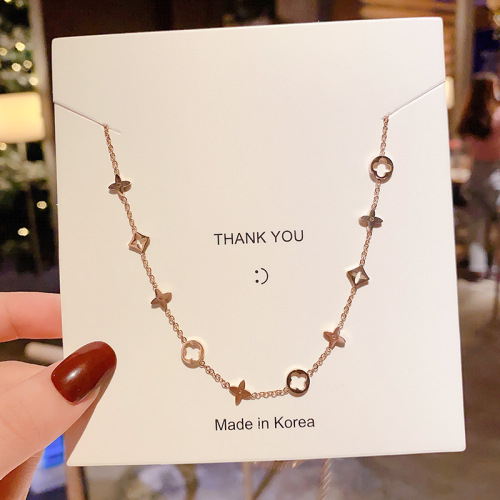 Women‘s Korean-Style 18K Titanium Steel Necklace Ins Cool Style Circle Four-Leaf Clavicle Chain Harajuku Style Trendy All-Match Accessories