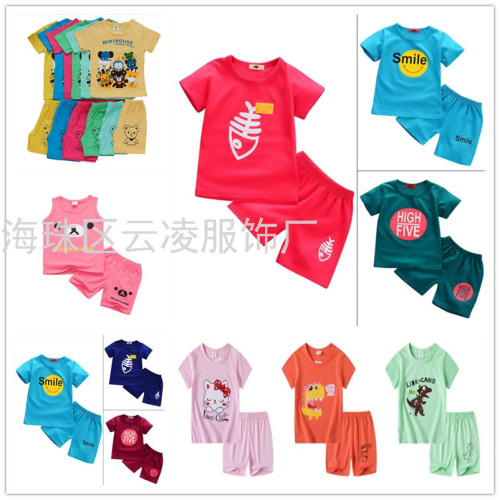 Children‘s Suit Short Sleeve Shorts Stall Running Children‘s Clothing Wholesale Cartoon Printing Candy Color Boys and Girls Suit