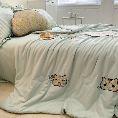 2022 Summer Bare Sleeping Washed Cotton Airable Cover Kitten Paste Cloth Embroidery Summer Quilt Summer Blanket Airable Cover Machine Washable