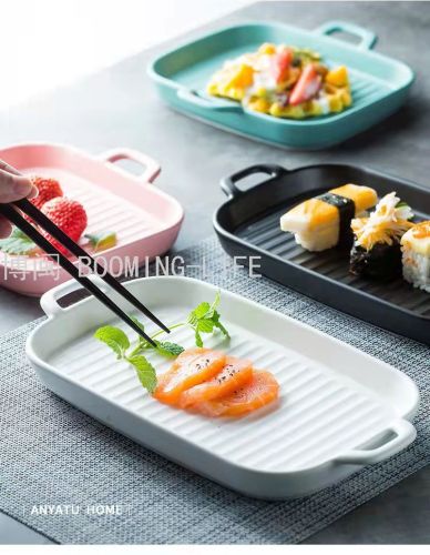 12-inch rectangular double-ear stripe plate ceramic bowl plate cup dish baking plate