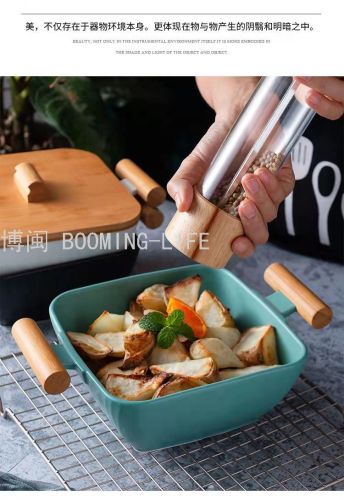 Wooden Handle Double-Ear Square Bowl Ceramic Bowl Plate Cup Plate Baking Tray 