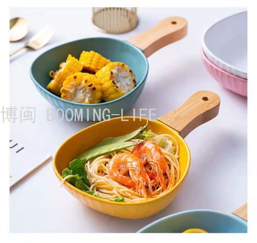 Wooden Handle Tree Pattern Denier-Shaped Bowl Kitchen Net Red Ceramic Bowl Plate Cup Dish Baking Plate