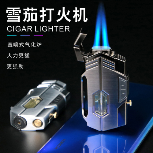 new dual-fire direct-impact cigar lighter cross-border hot selling blue flame windproof class hour window creative lighter lettering