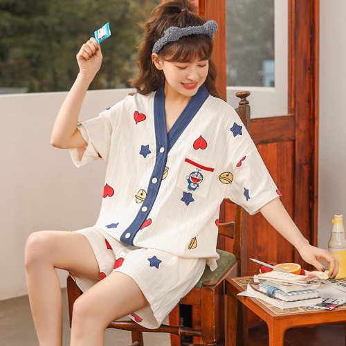 Summer pajamas Women‘s Short-Sleeved Shorts Casual Cardigan Cute Sweet Home Wear plus Size Korean Suit Combed Cotton