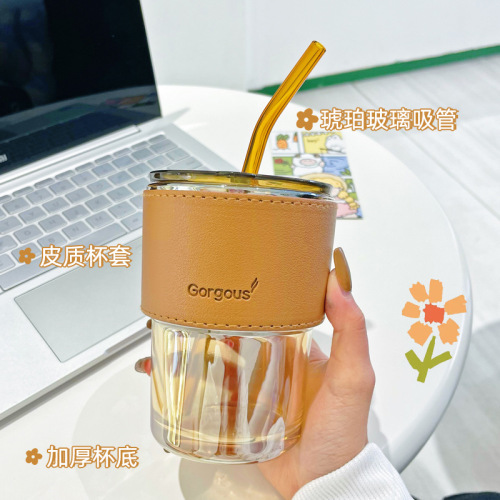 Korean Style Good-looking Coffee Cup Straw Glass Cup Internet Celebrity Heat Insulation with Lid Bamboo Joint Cup Ins Style Drinking Cup L Wholesale