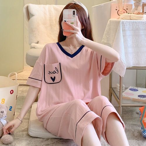 Summer Cotton Pajamas Women‘s Summer Short-Sleeved Cropped Pants Cartoon Loose Cotton Home Wear Women‘s Suit Wholesale Non-Printed 