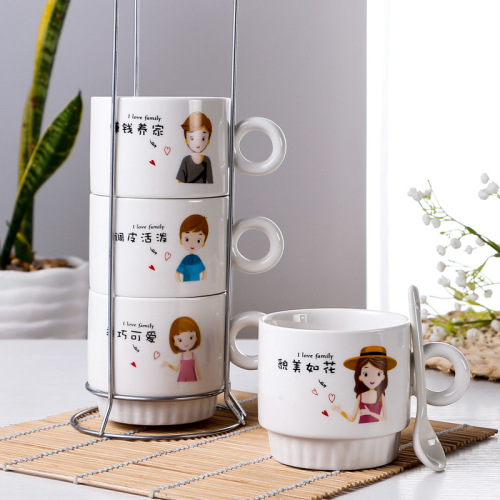 Factory Wholesale New Cartoon Ceramic Stacked Cup Creative Iron Frame Mug Water Cup Gift Customizable Logo