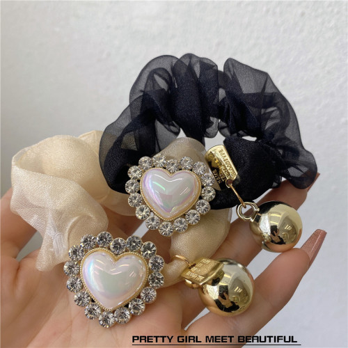 Korean Simple Temperamental Rhinestone Organza Rubber Band Hair Ring Large Intestine Ring Pearl French Style Delicate Hair Accessories Headwear for Women