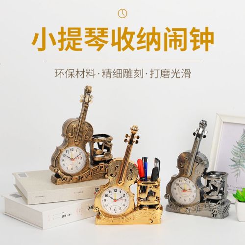 factory direct retro violin-shaped alarm clock with pen holder creative desktop decoration multifunctional alarm clock