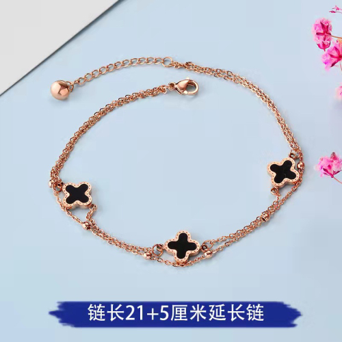 Titanium Steel Furnace Rose Gold Plated Double-Layer Clover Anklet Female Summer Rose Gold Plated Fashion New