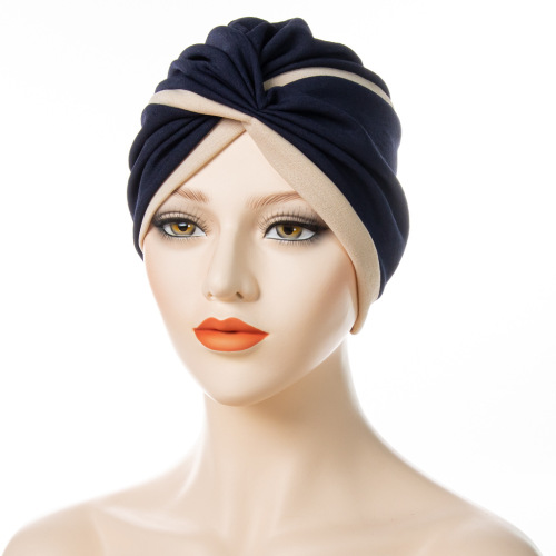2022 cross-border new twisted indian hat two-color stitching forehead cross pleated muslim women‘s headscarf hat