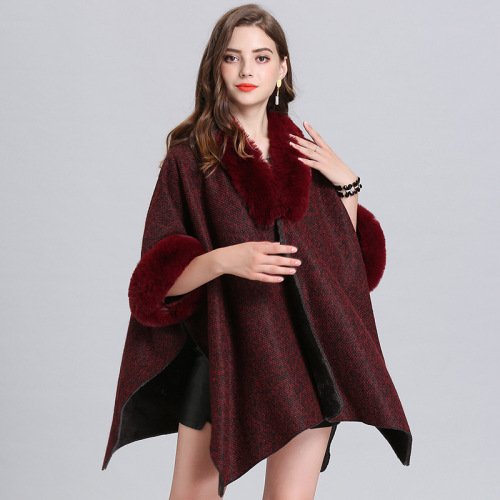 021 European and American New Large Size Loose Imitation Fox Fur Collar plus Velvet Knitted Cardigan Shawl Coat 1504#