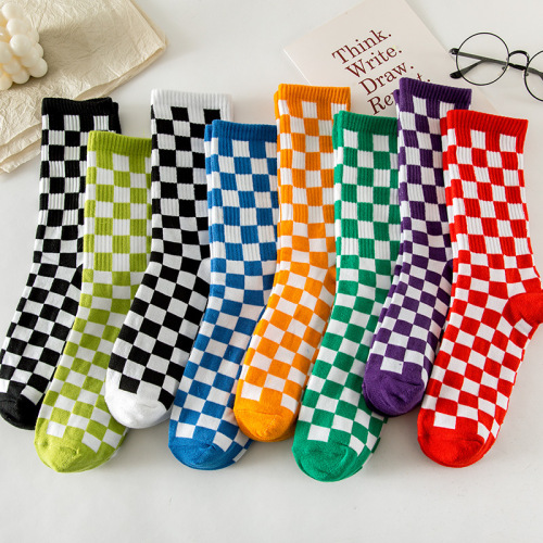 [Hot Sale in the Season] New Chessboard Plaid Socks for Women Knee-High Sports Socks Trendy Socks Hot Sale Wholesale Customized